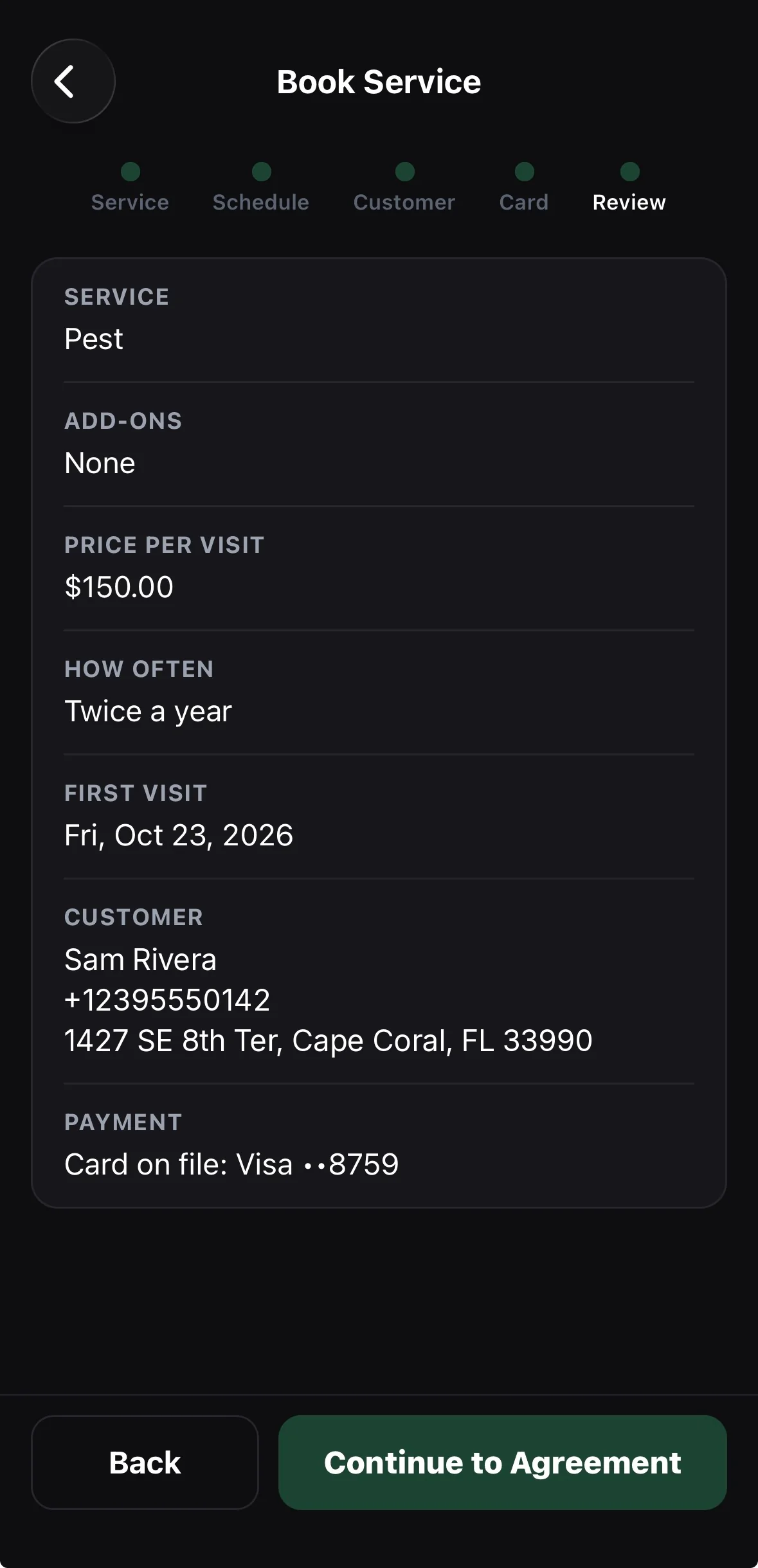 The Book Service Review step on the phone: Pest, twice a year at $150.00 per visit, first visit Fri, Oct 23, 2026, customer Sam Rivera in Cape Coral, and a Visa card on file — ready to continue to the agreement