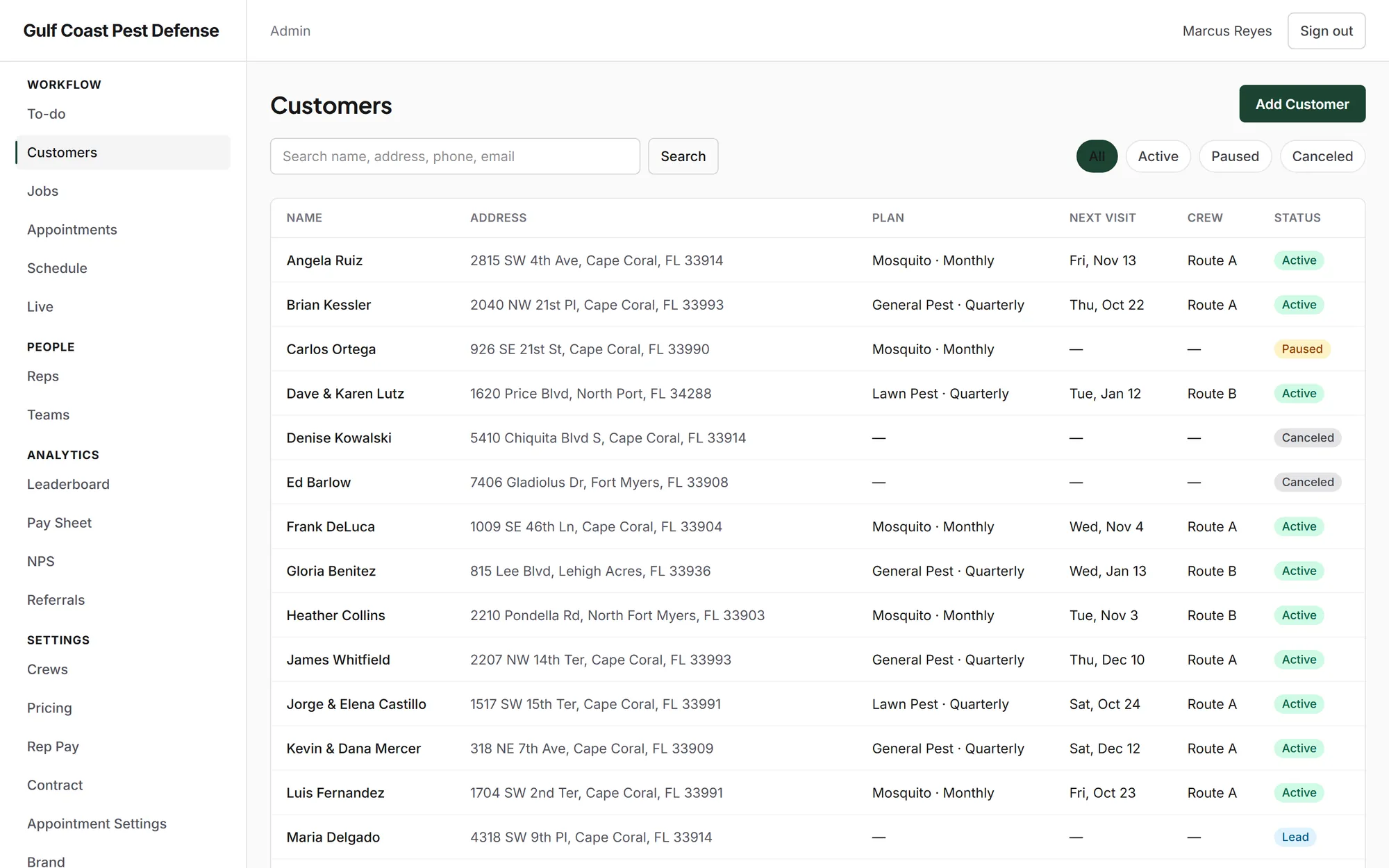 Customers list with each customer’s plan, next visit, crew and status — General Pest quarterly, Mosquito monthly, Lawn Pest quarterly