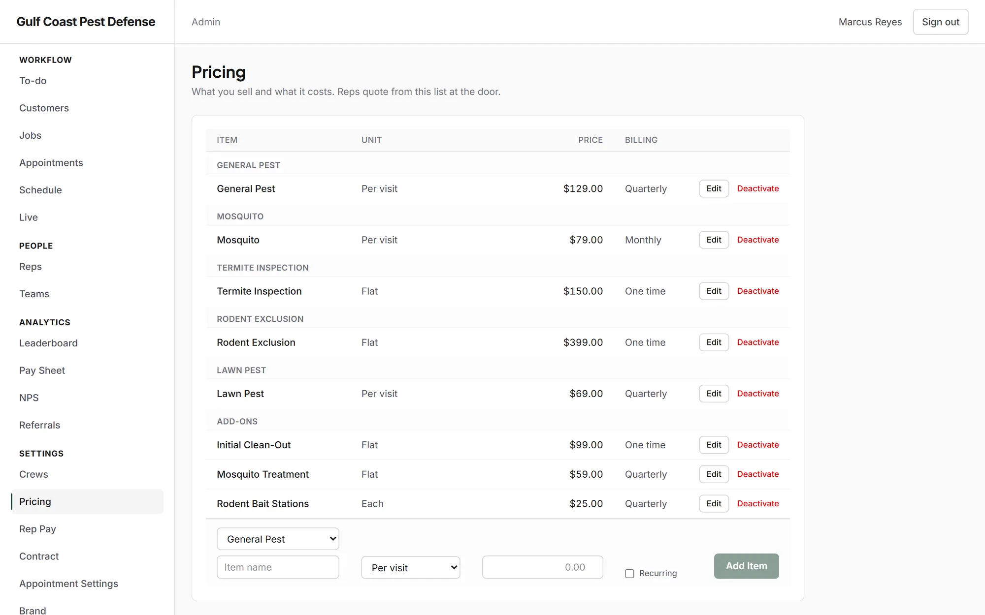 Pricing settings: the price list reps quote from — General Pest $129 per visit quarterly, Mosquito $79 monthly, Termite Inspection, Rodent Exclusion, Lawn Pest and add-ons
